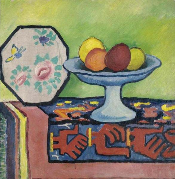 Still-life with bowl of apples and japanese fan